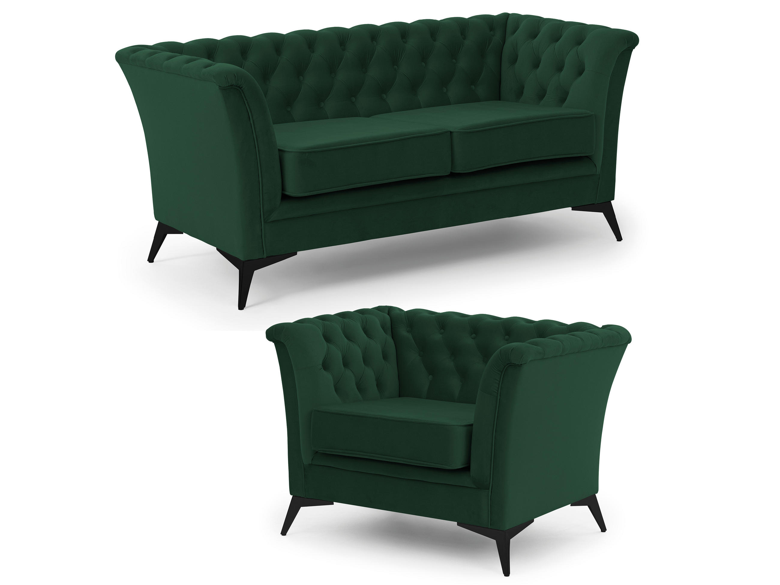 SITZGARNITUR 2+1 Chesterfield Whitby Flaschengrün Samt mit schwarzen Füßen - Dunkelgrün/Schwarz, Holz/Textil (175/78/82cm) - S-Style Möbel