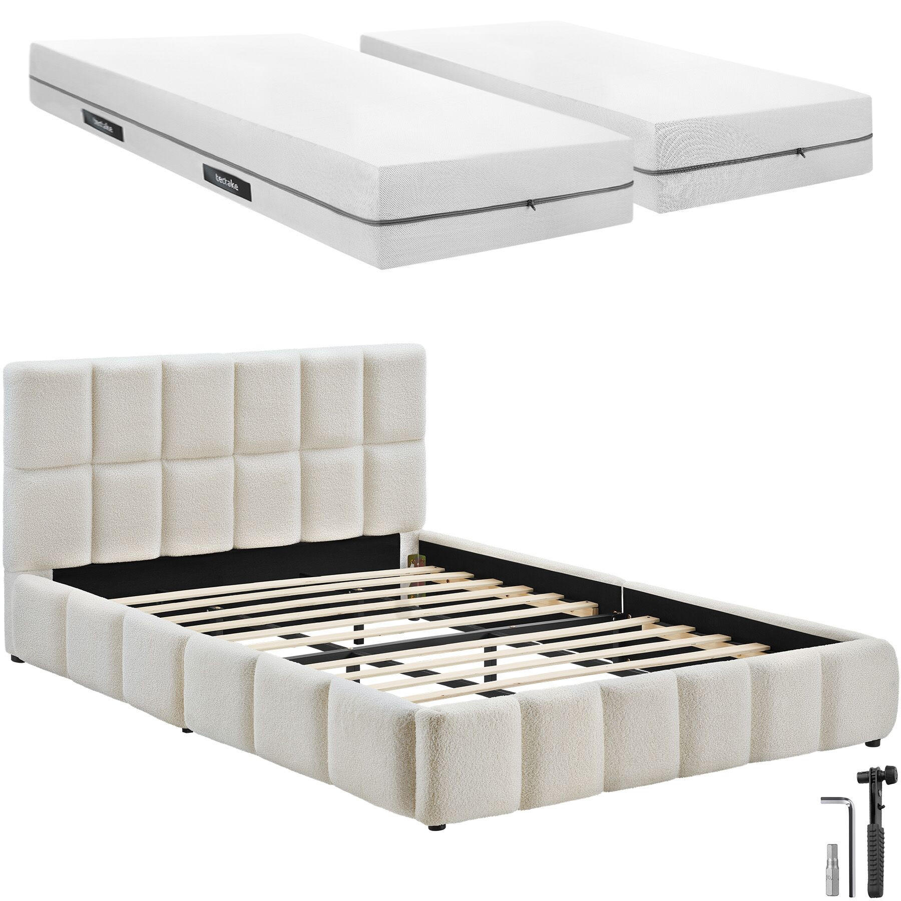 BETTSET , 250 kg Belastbarkeit, bodenschonende Kunststofffüße, Teddy creme - Creme, Holz (180/200cm) - tectake