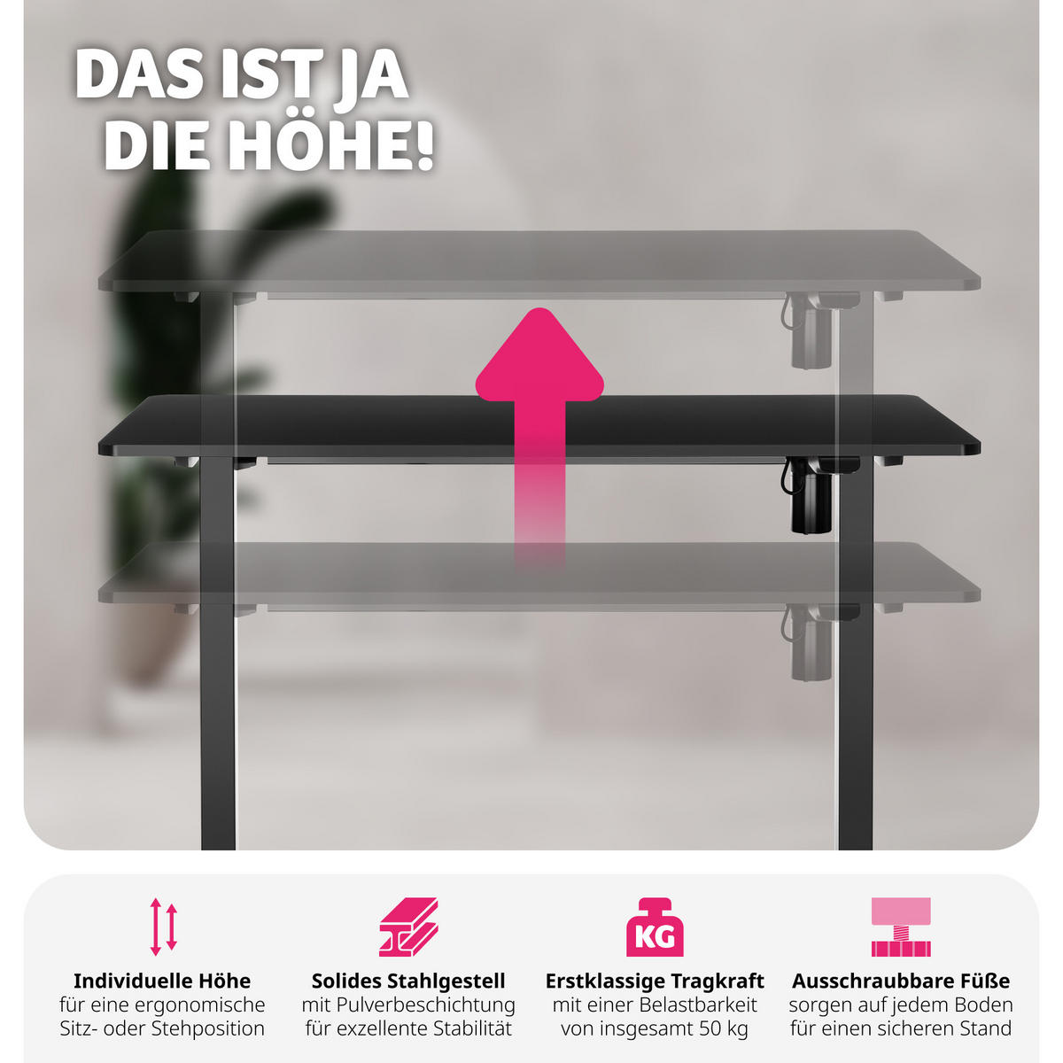 SCHREIBTISCH elektrisch höhenverstellbar Skadi, 120 x 60 x 73, 5 - 118 cm, schwarz - Schwarz, Textil (60/120/118cm) - tectake