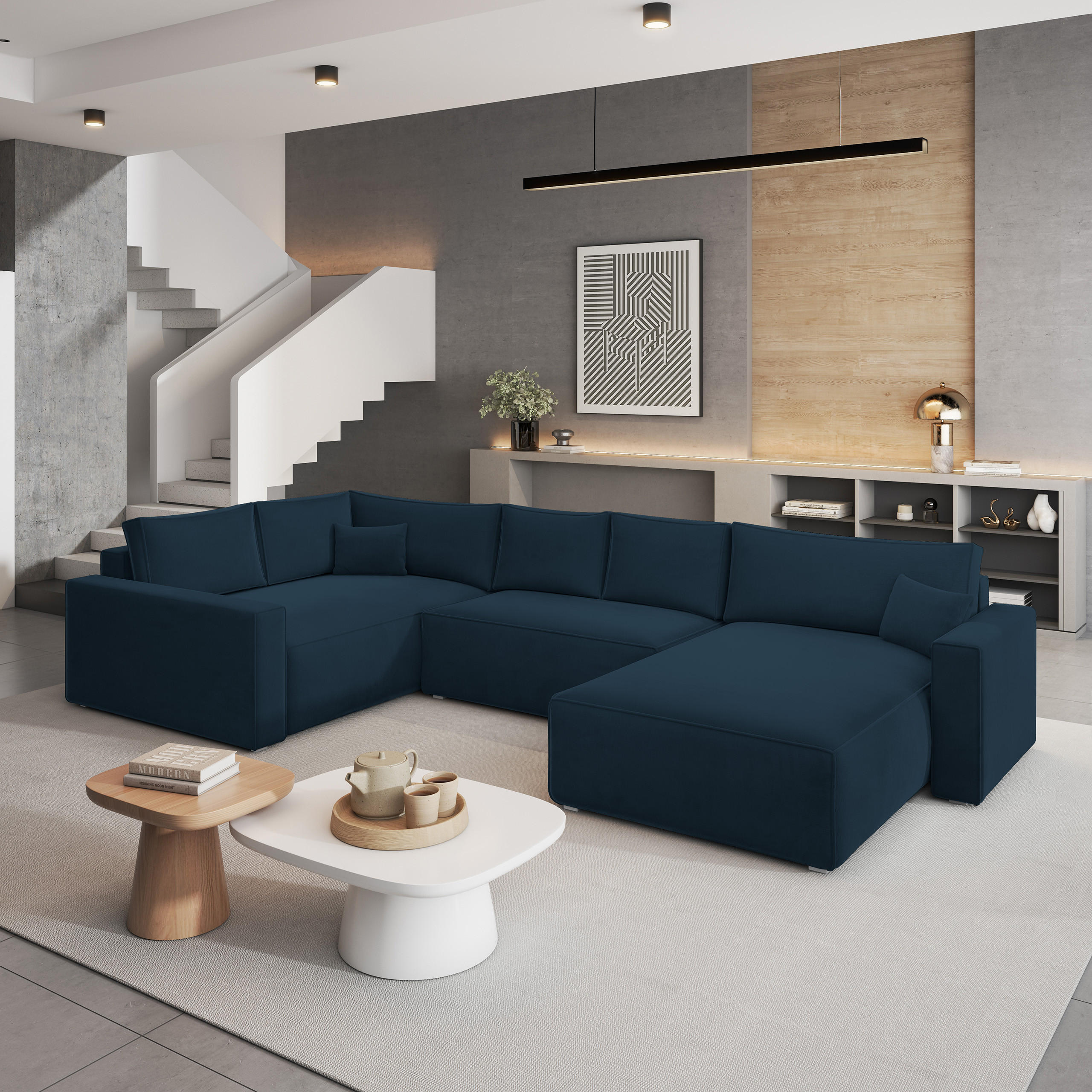 WOHNLANDSCHAFT VELAMI L-S Blau Velours-Stoff mit Schlaffunktion - Blau, Holz (365/83/194cm) - MASSENO