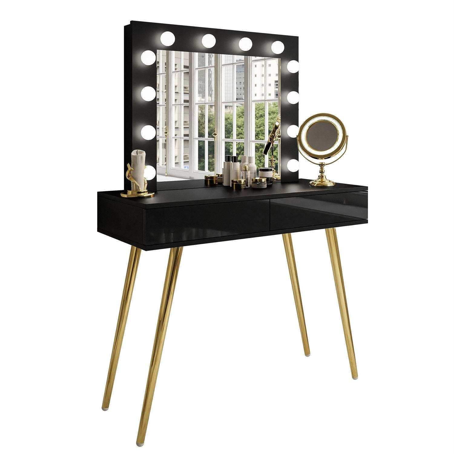 Lookway Schminktisch Gold, Schwarz Hochglanz 100x81x42 cm
