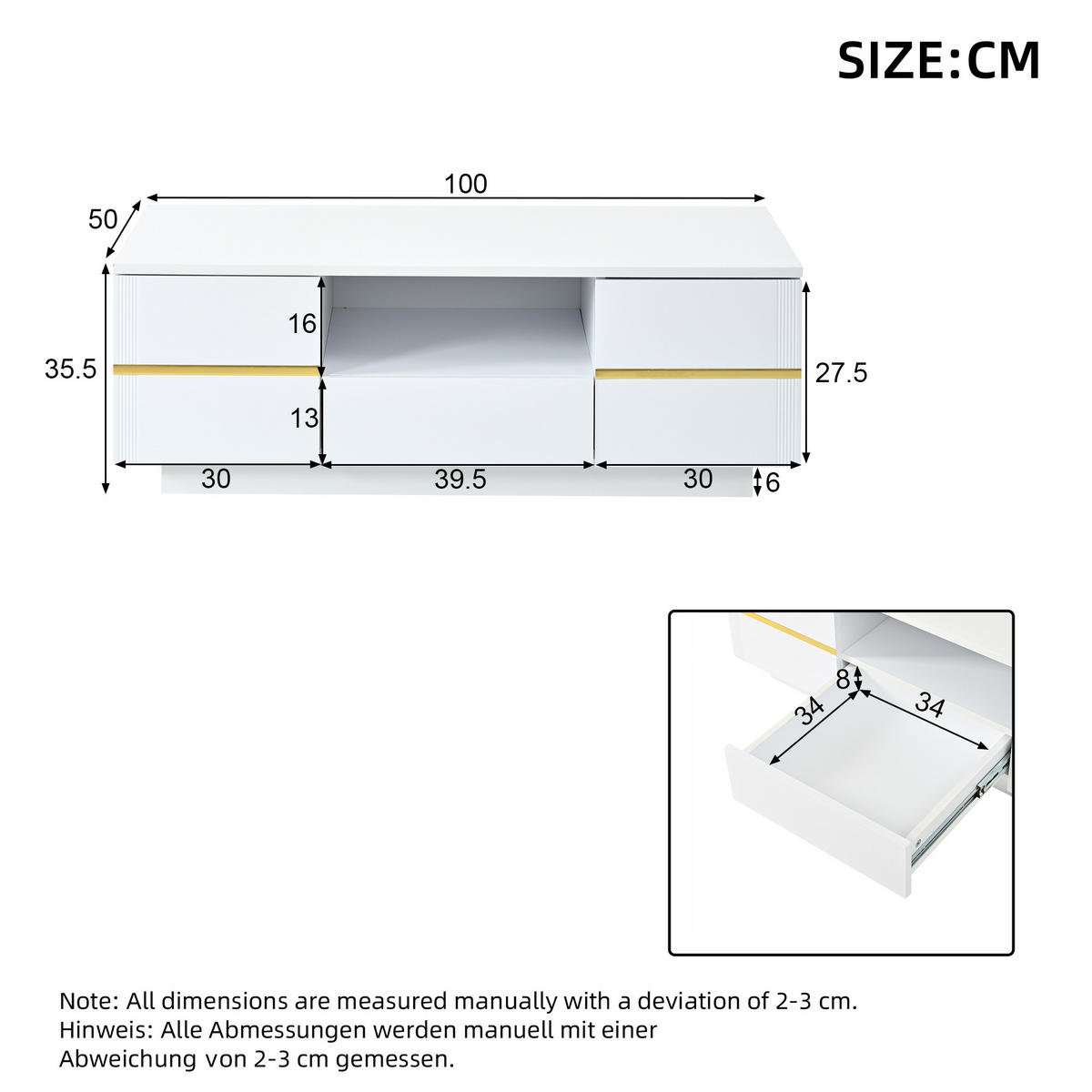 KLUB-STOLIĆ 100/50/35,5 cm s LED rasvjetom i prostor za pohranu u bijeloj boji - bijela, drvni materijal (50/100/35.5cm) - CHICFURN