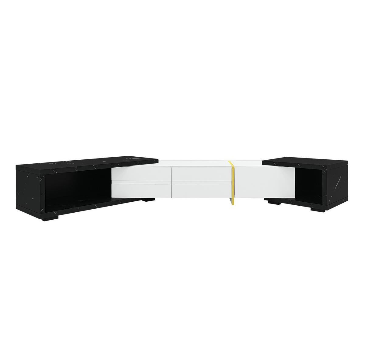 TV komoda, 140-260/40/30 cm, MDF a dřevotříska, bílá/černá mramor, otočná - bílá, kompozitní dřevo (260/30/40cm) - BEAOK