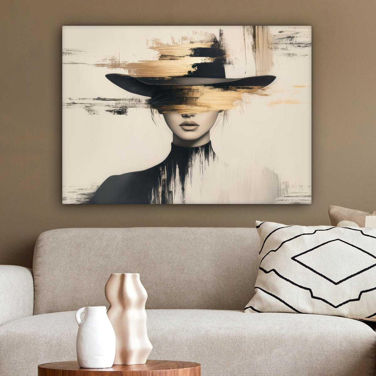 LEINWANDBILD Frau - Hut - Farbe Wandbilder 80x60 cm - Goldfarben, Textil (80/60cm) - MuchoWow