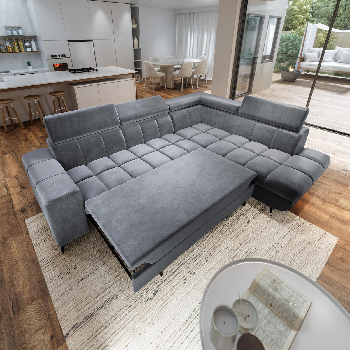 ECKSOFA MORIVA R-S Grau Velours-Stoff mit Schlaffunktion - Grau, Holz (253/190cm) - MASSENO