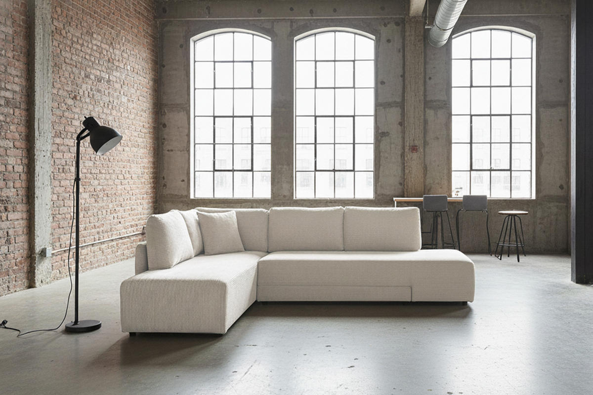 SCHLAFSOFA SADIRA Cremeweiß Cord - Creme/Schwarz, Kunststoff/Textil (288/209cm) - KAWOLA