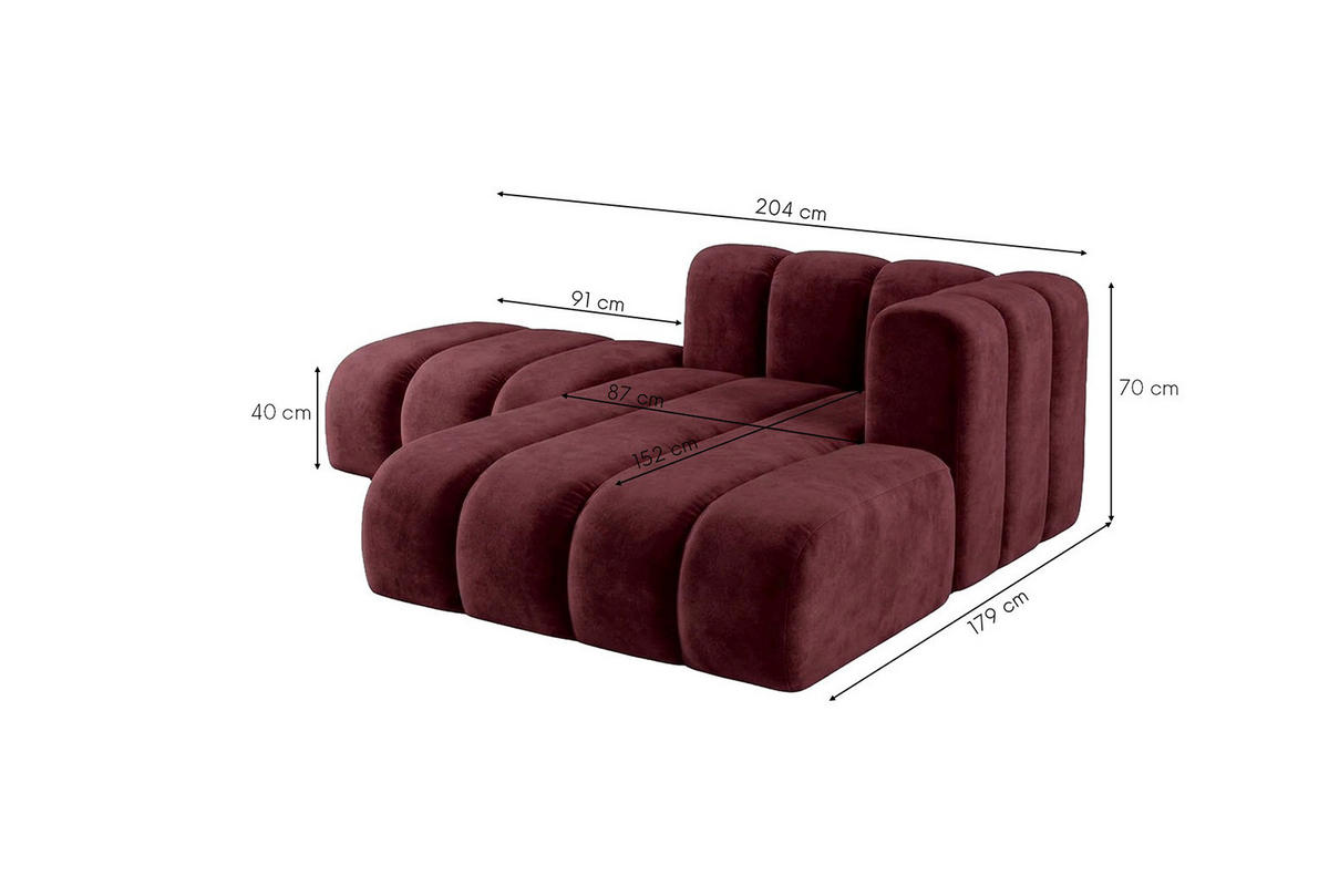 CHAISELONGUE Modulare Mit Hocker, Velvet-Stoff Riviera, Rotwein, Rechts, GRAND - Dunkelrot, Holz (204/179cm) - Kaiser Möbel
