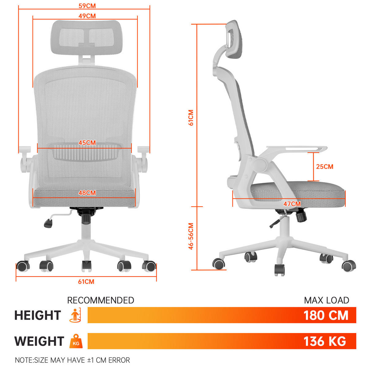 DREHSTUHL Mesh Weiß-Grau ergonomisch klappbare Armlehnen - Grau, Metall (23.5/52/62.5cm) - Rattrix