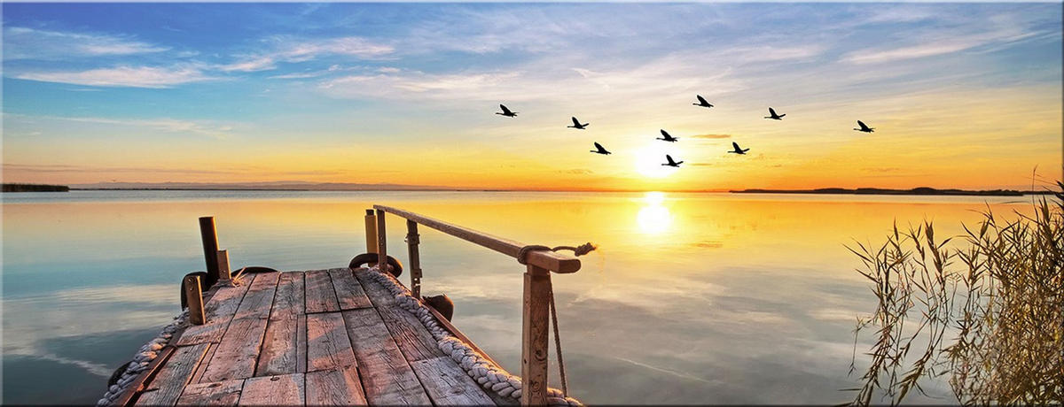 GLASBILD 80x30 cm Steg Sonnenuntergang - Gelb, Glas (80/30cm) - artissimo