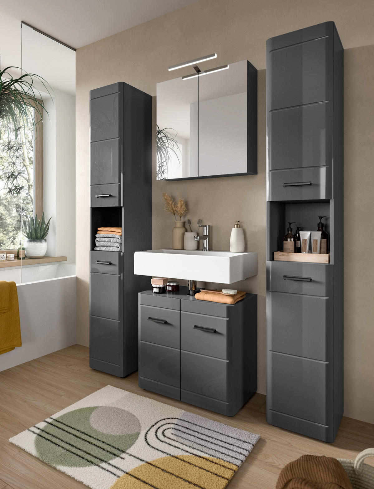 SPIEGELSCHRANK grau 60 cm, Badschrank 2-türig mit Soft-Close - Grau, Glas/Holzwerkstoff (60/60/15cm) - Inn.Furn