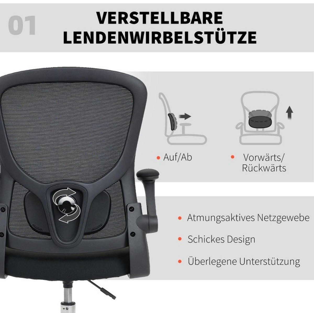 SCHREIBTISCHSTUHL höhenverstellbar mit Lendenstütze Schwarz - Schwarz, Kunststoff (60/132/60cm) - Meubliv