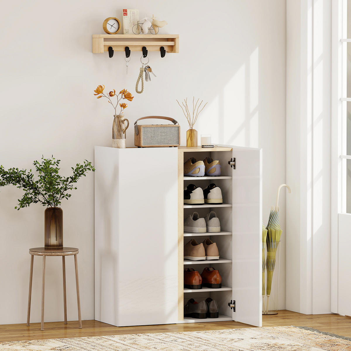 SCHUHSCHRANK mit 2 Hochglanz Türen Schuhregal mit 6 Verstellbaren Fächern, Weiß - Weiß Hochglanz/Weiß, Holzwerkstoff/Kunststoff (33.5/95/70cm) - HOMCOM