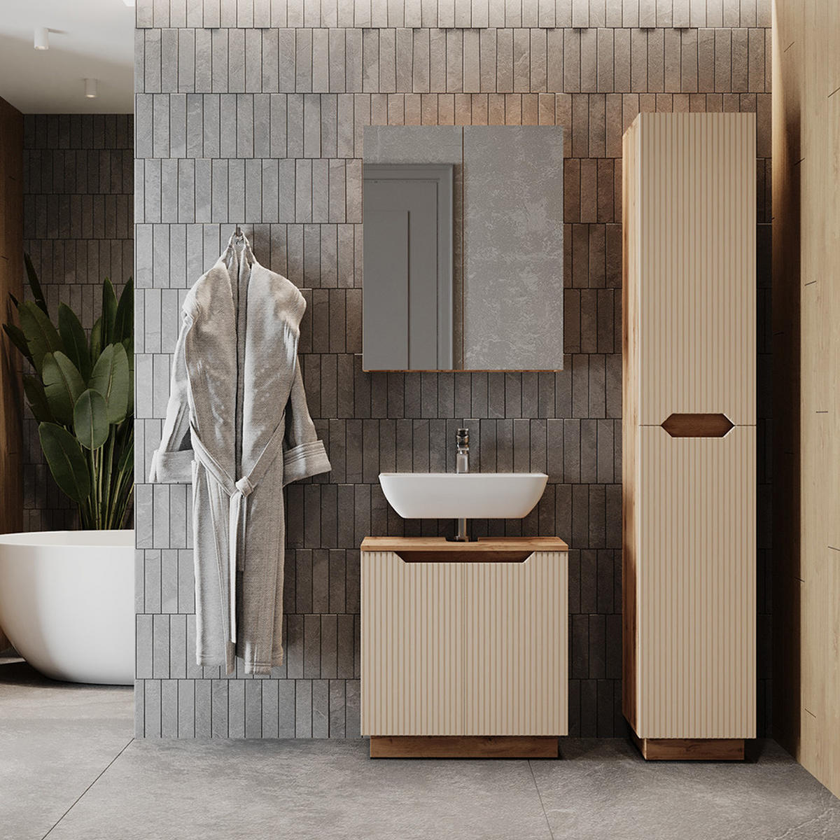 KOUPELNOVÝ NÁBYTEK Lotta Dubový/kašmírový pruhovaný - kašmírová/barva dubu, kompozitní dřevo (59.8/62.1/32cm) - Vicco