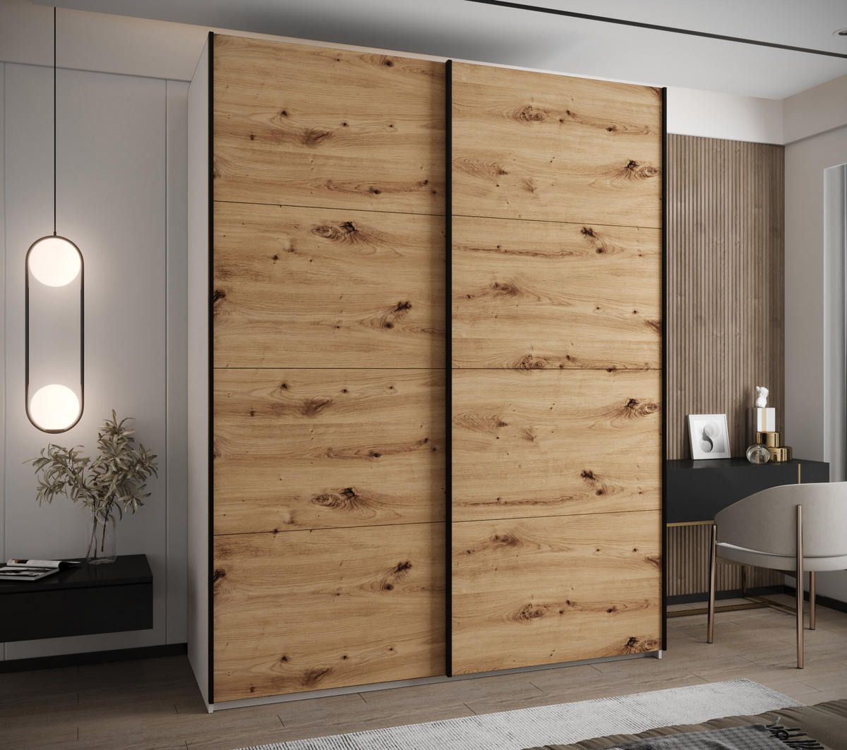 SCHWEBETÜRENSCHRANK 245,5/190/64 2-türig - Schwarz/Eiche Artisan, Holz/Metall (190/245/64cm) - Abiks Möbel