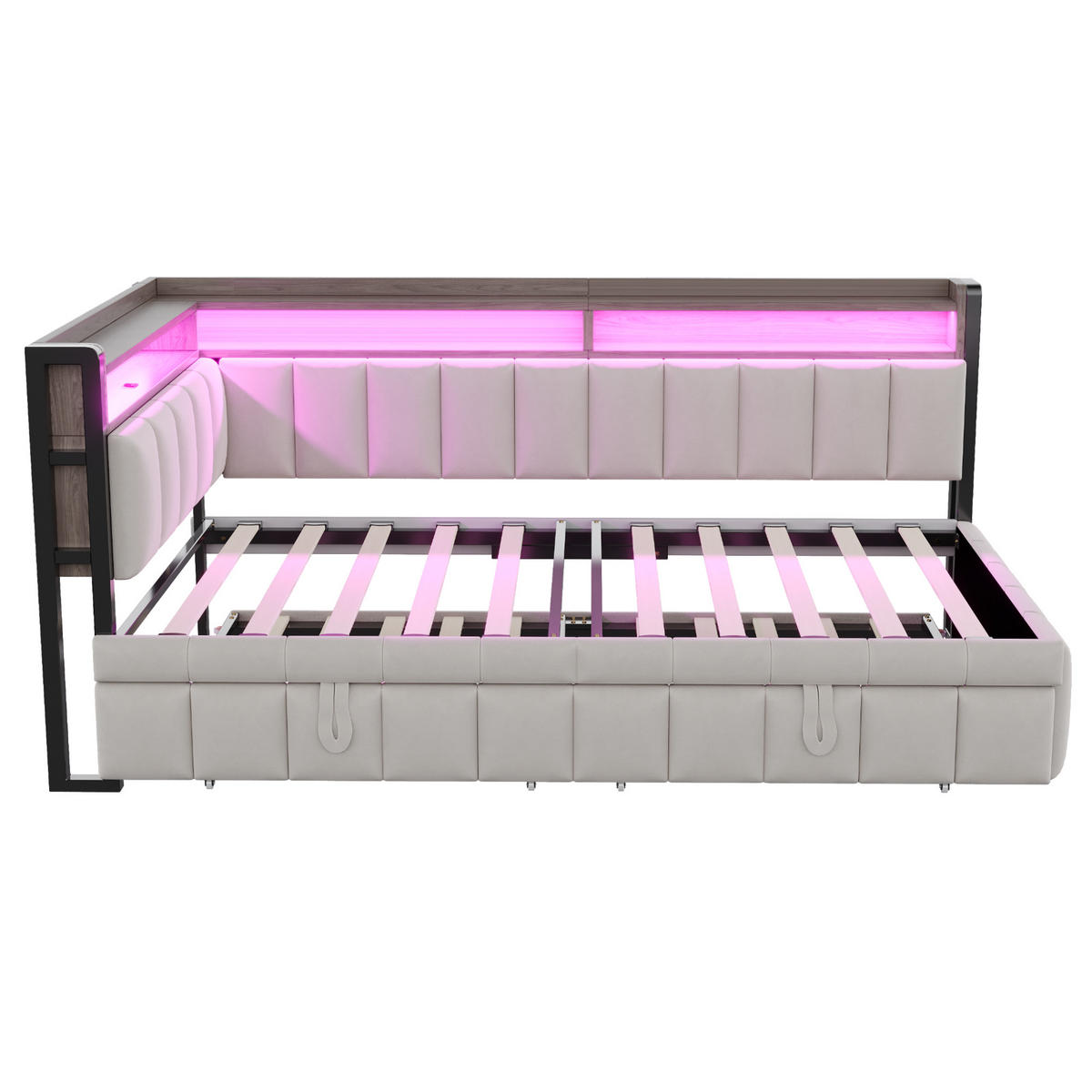 SCHLAFSOFA 90/200 cm & 90/190 cm in Hellgrau Samt mit LED, USB und Ablage - Hellgrau, Holzwerkstoff/Textil (90/200cm) - WISHDOR