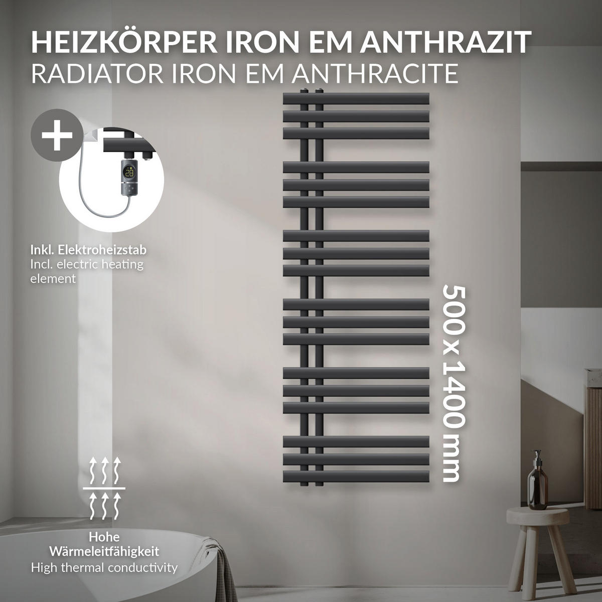 BADHEIZKÖRPER elektrisch Iron EM 500x1400 mm Anthrazit mit Heizstab 900W Digital - Anthrazit, Metall (50/140/4cm) - LuxeBath