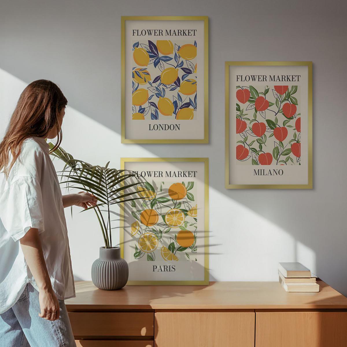 WANDBILDER 3er Set - 40x60 cm Goldrahmen - Blumenplakate in Städten - Goldfarben, Kunststoff (40/60cm) - ArtPrintCave