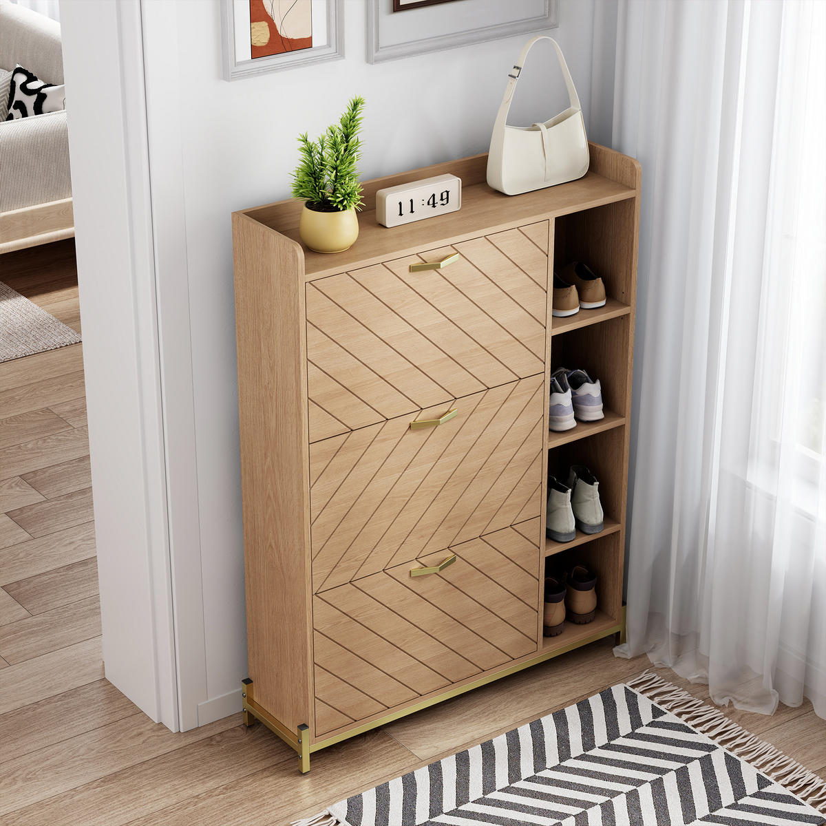 SCHUHSCHRANK 3 Türen Klappdeckel Eiche schmal mit Regalen - Naturfarben, Holz (90/119/24cm) - LEBENLANG