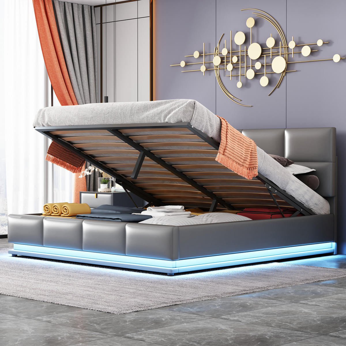 POLSTERBETT mit LED und Bettkasten 160x200 cm Kunstleder Grau - Grau, Metall (160/200cm) - Meubliv