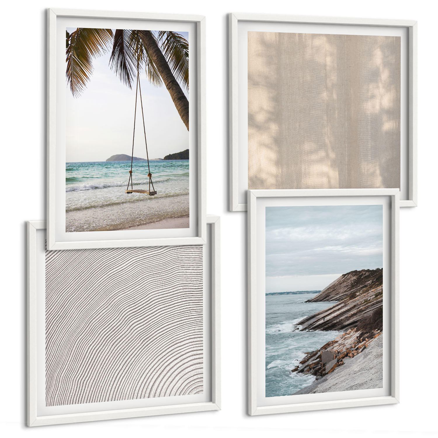 BILDER SET 4er Set - 50x50 cm & 40x60 cm Weißer Rahmen - Sommerlicher Sandstrand mit Meerblick - Weiß, Kunststoff (50/50cm) - TULUP