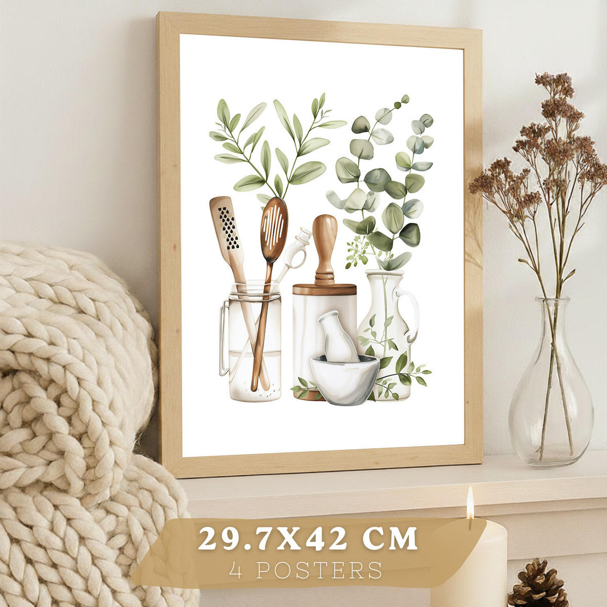 PLAKAT Sada 4 dekorativních nástěnných tisků, Botanická kuchyně. Bohémský venkovský styl. Rustikální kuchyně. Velikost Světlý dřevěný rám A3 - béžová, papír (29.7/42/3cm) - Nacnic