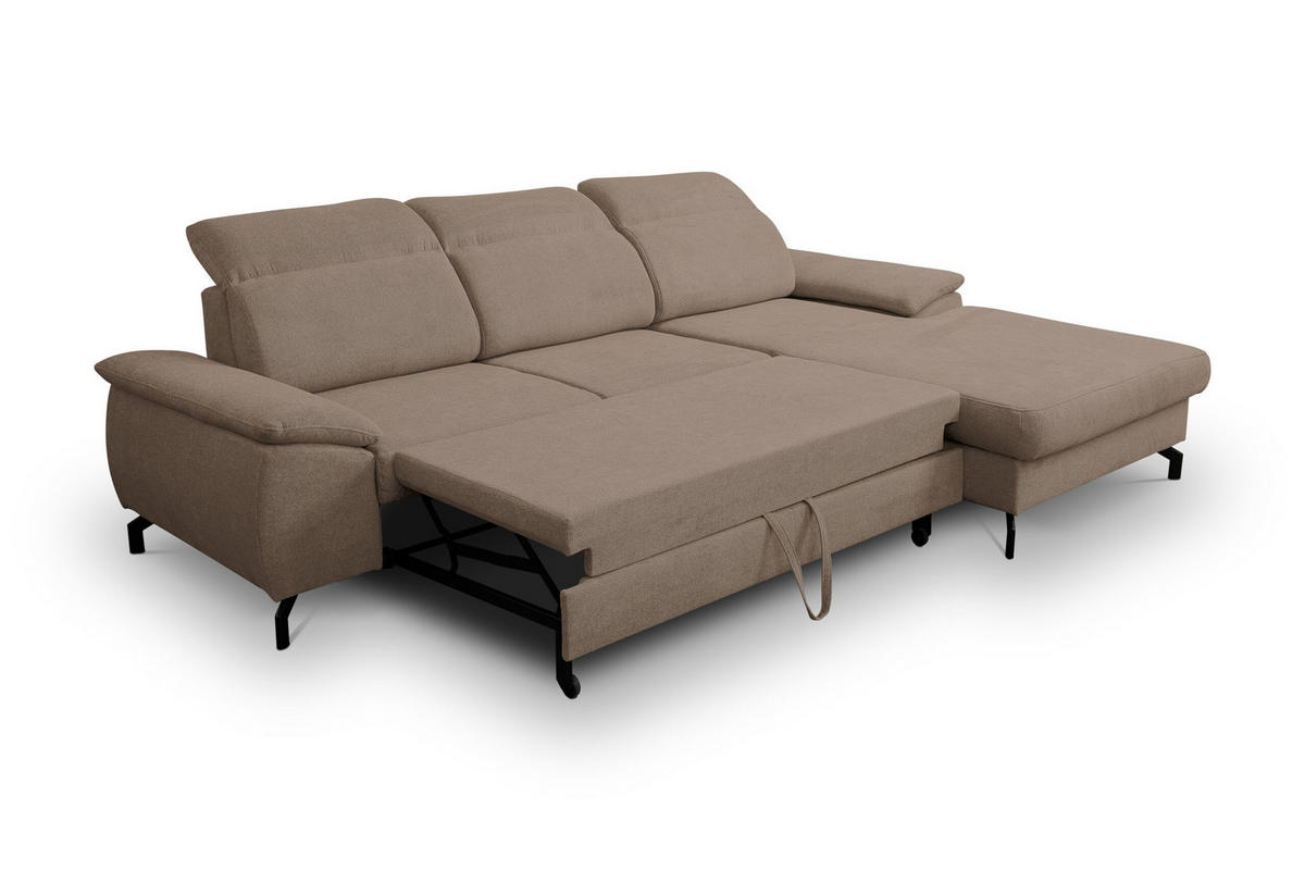 ECKSOFA MALIBU mit Schlaffunktion und Bettkasten, Farbe: Braun, Velourstoff, Ottomane Rechts - Braun, Textil (276/184cm) - VENASI MÖBEL