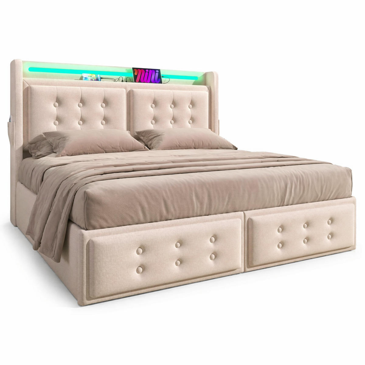 POLSTERBETT 160/200 cm in Beige mit Bettkasten, LED, USB und Type-C Stoff - Beige, Holzwerkstoff/Textil (160/200cm) - CHICFURN