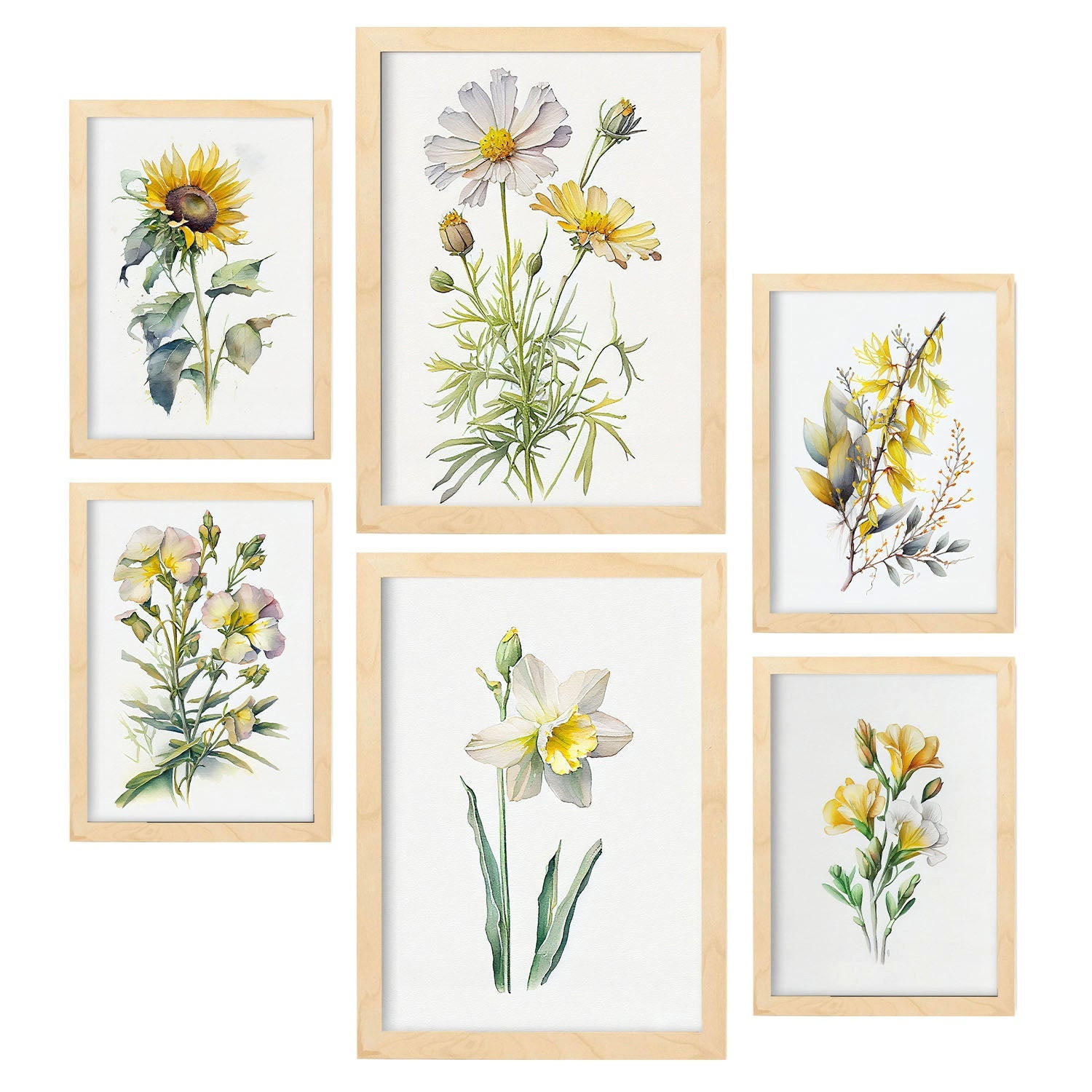 POSTER Set Mit 6 Gelbe Blumen Vollfarbige Natur Und Botanikdrucke Mit Blumenmotiven Auf Reinweißen Hintergründen A3 & A4 Rahmen Aus Hellem Holz - Beige, Papier (29/3cm) - Nacnic