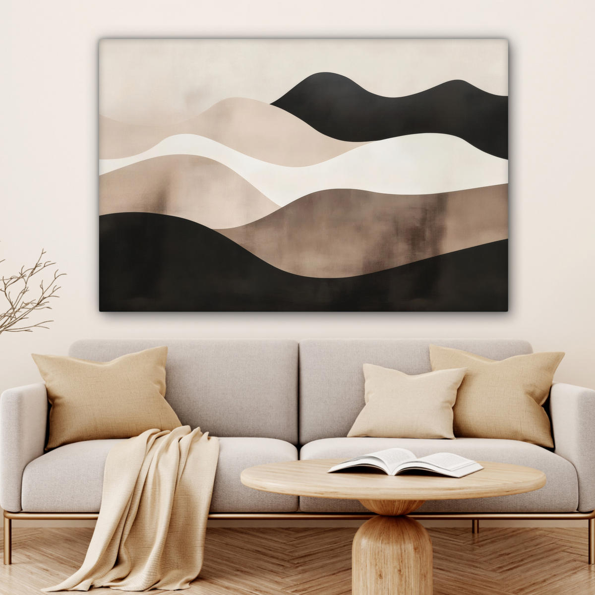 LEINWANDBILD Abstrakt - Landschaft - Wellen - Cremefarben Wohnzimmer 120x80 cm - Cappuccino, Textil (120/80cm) - MuchoWow