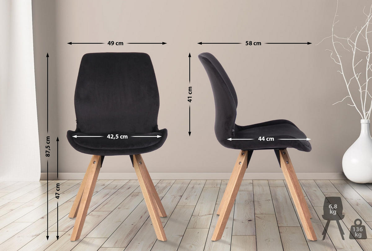 STUHL 4er Set Samt schwarz - Eukalyptusholzfarben/Schwarz, Holz/Textil (49/87.5/58cm) - CLP