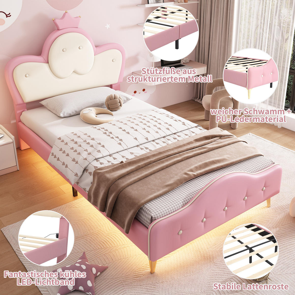 POLSTERBETT 90/200 cm Rosa Weiß mit LED-Beleuchtung und Kopfteil mit Krone - Weiß, Kunststoff (90/200cm) - OKWISH
