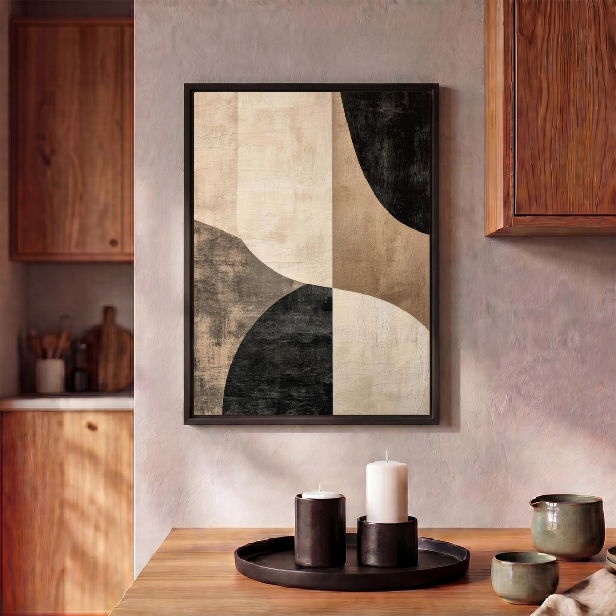 LEINWAND Bilder mit Rahmen - Abstrakt - Flugzeuge - Schwarz - Rund - 30x40 - Beige, Textil (30/40cm) - MuchoWow