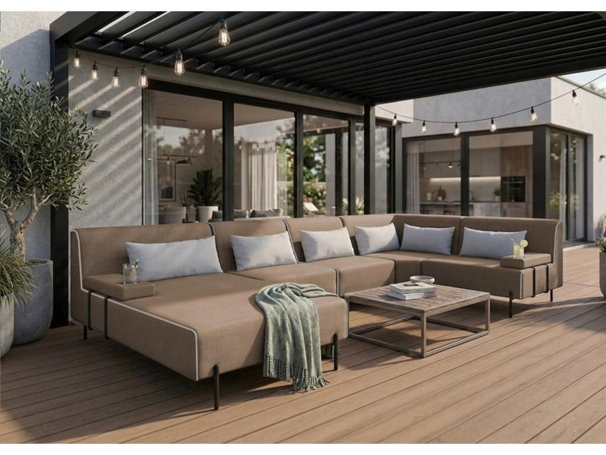 GARTENSOFA BORNEO XL Wetterfest 370x222x86 cm, Rechts, Solide Konstruktion, HR-Schaumfüllung, Wetterfeste Bezugstoff, Beige - Beige, Holz/Metall (370/86/222cm) - Trada