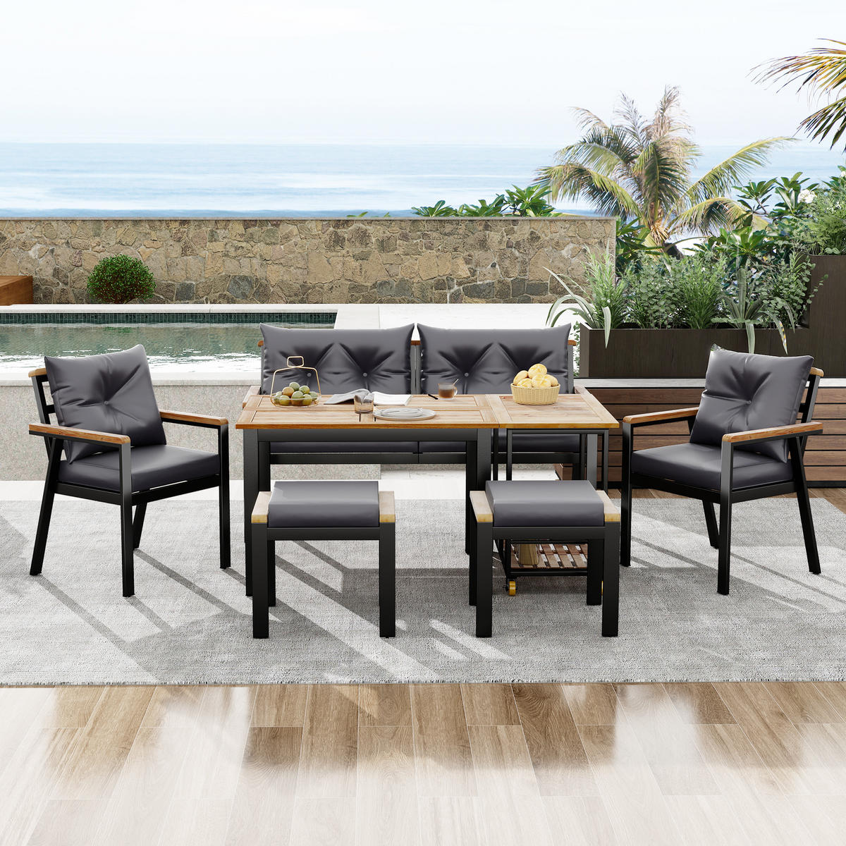 GARTEN Esstisch Set aus Akazienholz für 6 bis 7 Personen mit Sesseln und abnehmbarem Esswagen Stoffbezug waschbar - Grau, Metall - FLIEKS