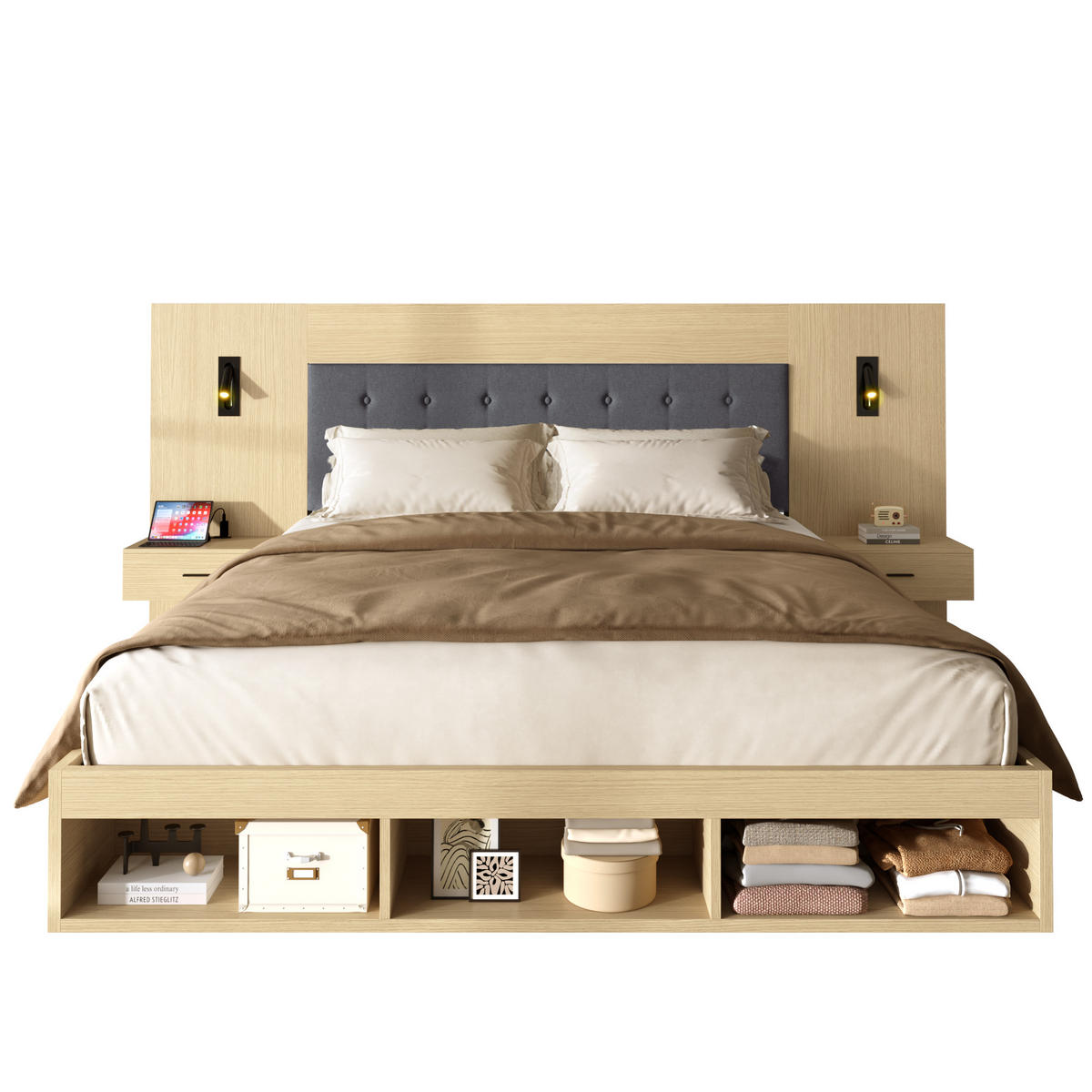 DOPPELBETT Eiche 160x200 USB Type-C Leselampe Nachttische - Eichefarben, Holzwerkstoff (160/200cm) - FLIEKS