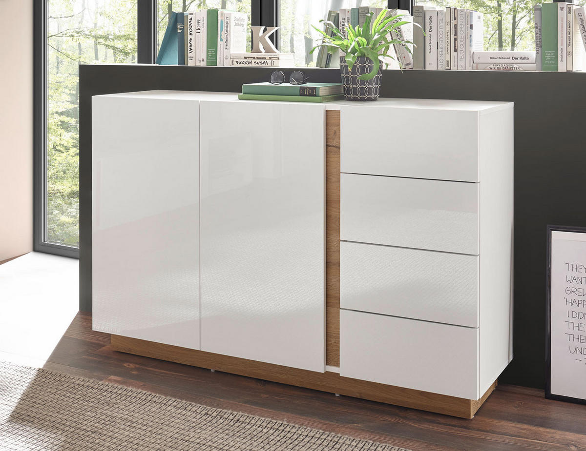 SIDEBOARD Clair weiß Hochglanz / Eiche Grandson 138 / 40 / 91cm - Weiß Hochglanz/Eichefarben, Holz/Holzwerkstoff (138/91/40cm) - Feldmann-Wohnen
