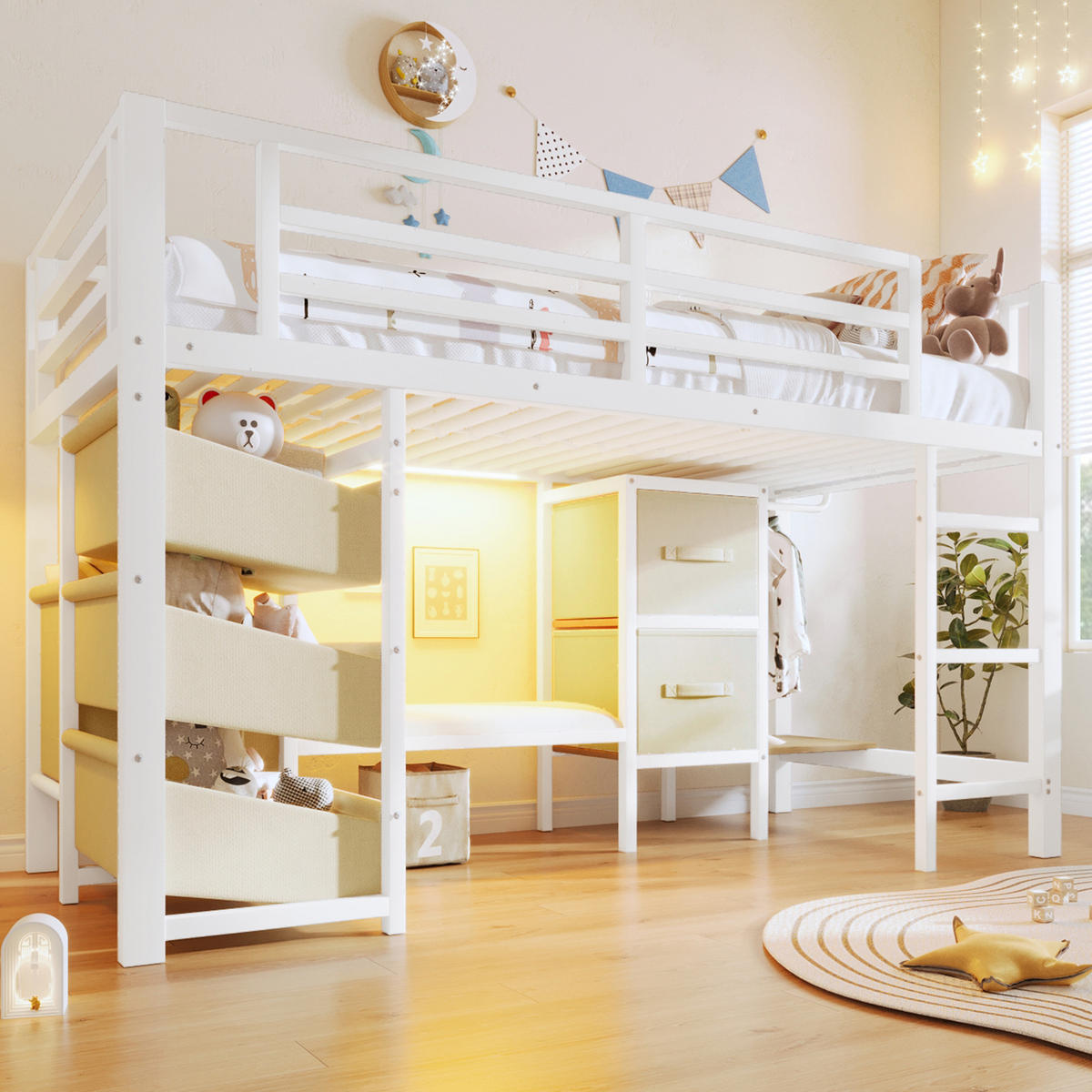 HALBHOHES BETT 90x200cm Weiß Metall LED-Licht Sitzkissen - Weiß, Metall (90/200cm) - FLIEKS