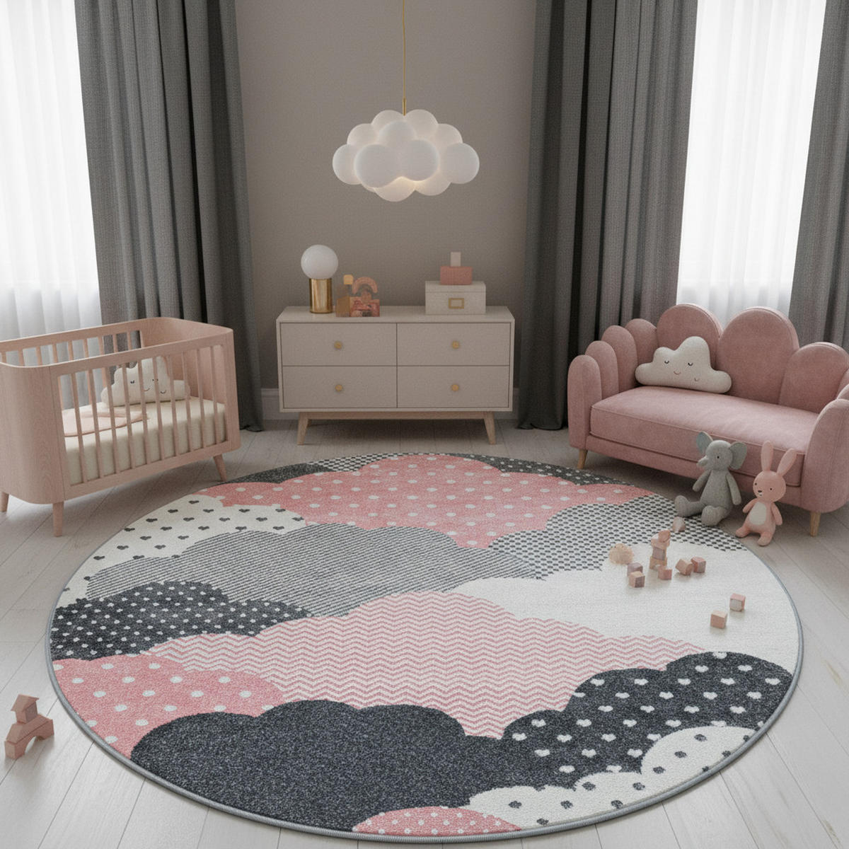 TEPPICH Kinderzimmer Wolken Bunt Waschbar Spielzimmer Strapazierfähig Rund Pink 160x160 cm – NOLA - Rosa, Textil (160/160cm) - KADIMA DESIGN