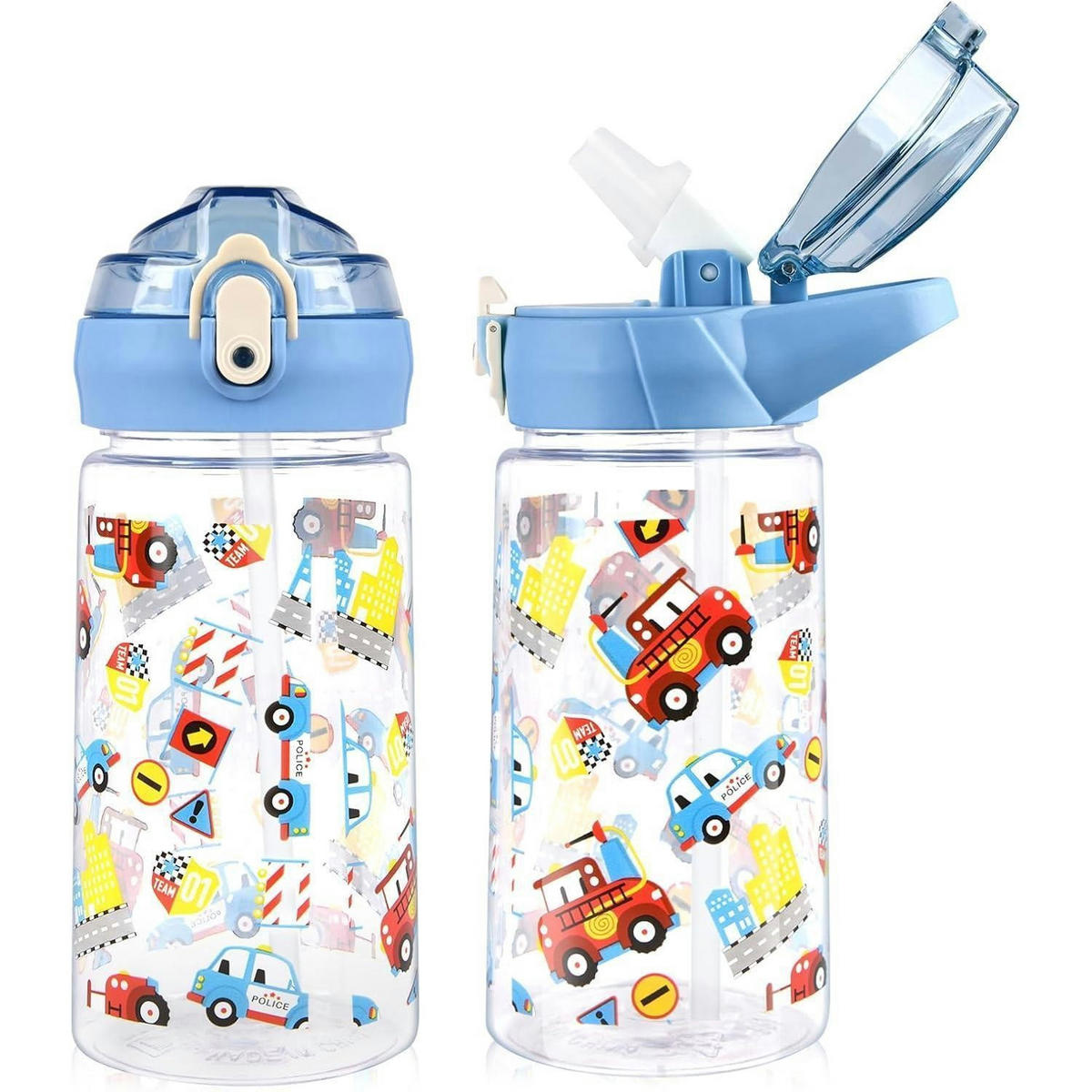 KINDER Trinkflasche mit Strohhalm 500 ml Blau Blaues Auto - Blau, Kunststoff (10/10cm)