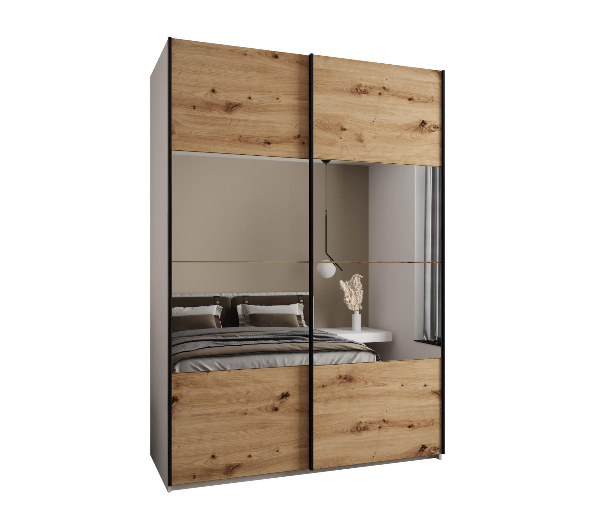 Abiks Möbel Schwebetürenschrank Weiß, Eiche Artisan, Schwarz 170x245x64 cm