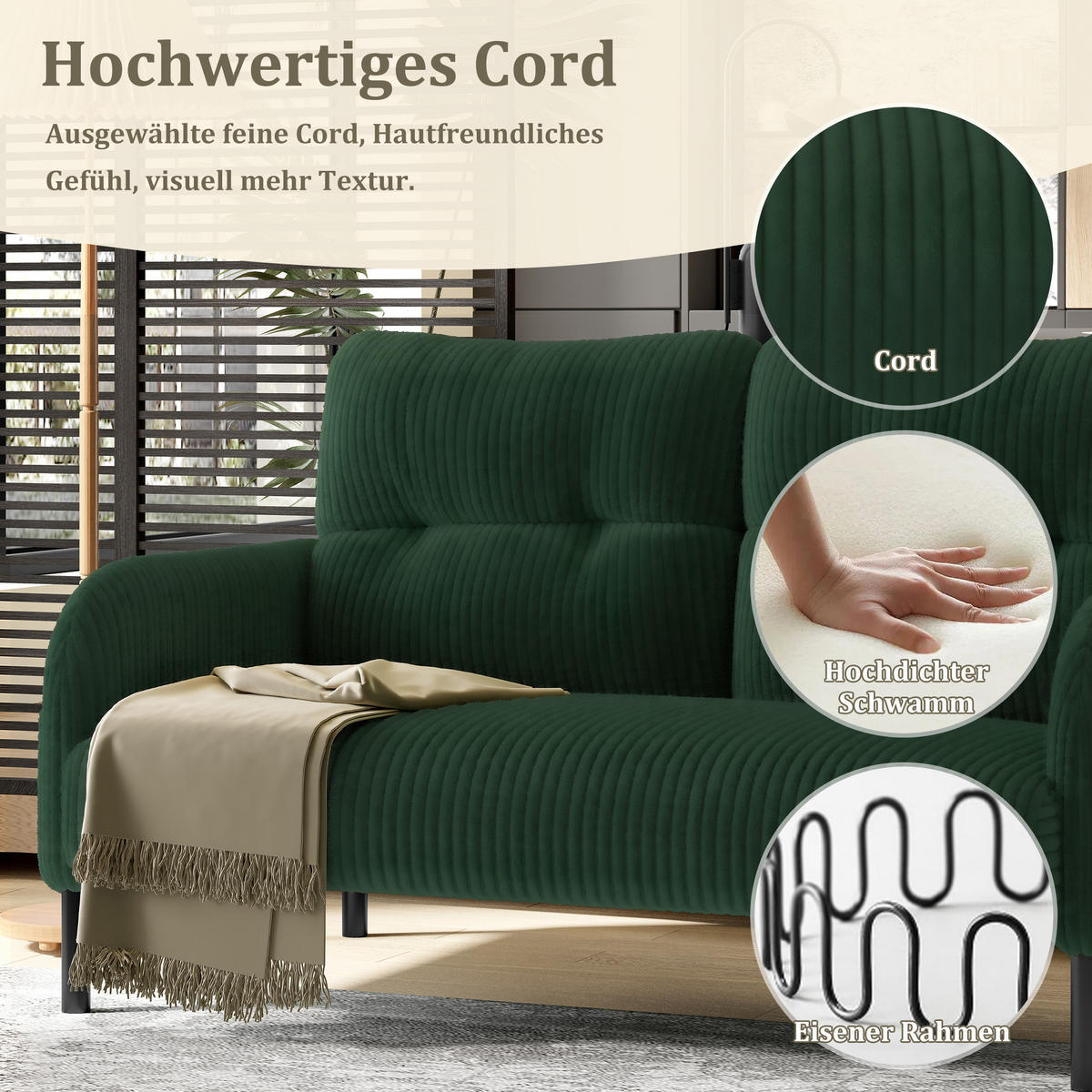 2-SITZER-SOFA Stoffcouch mit Seitentaschen,Cord,Grün - Grün, Textil (120/79/75cm) - LVHOM