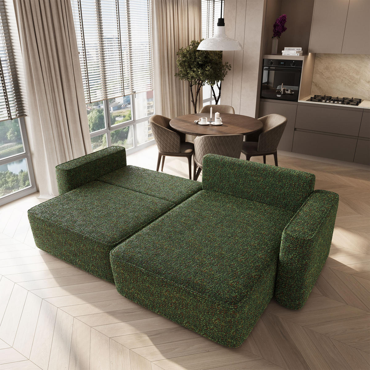 ECKSOFA BELISE BL Grün Chenille mit Schlaffunktion - Grün, Holz/Textil (252/162cm) - MASSENO