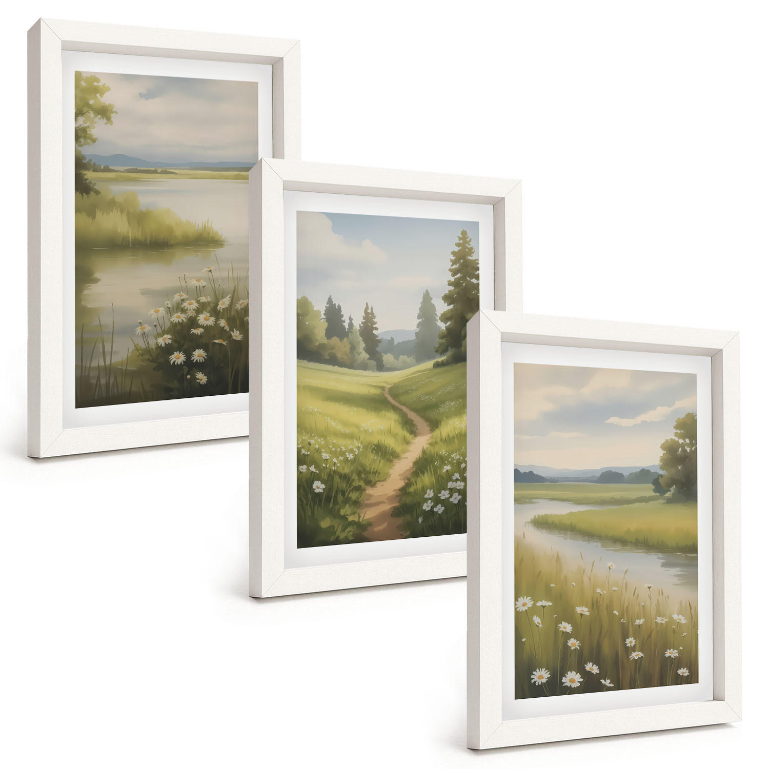BILDER SET 3er Set - 20x30 cm Weißer Rahmen - Frühlingslandschaft Flusswiese - Weiß, Kunststoff (20/30cm) - TULUP
