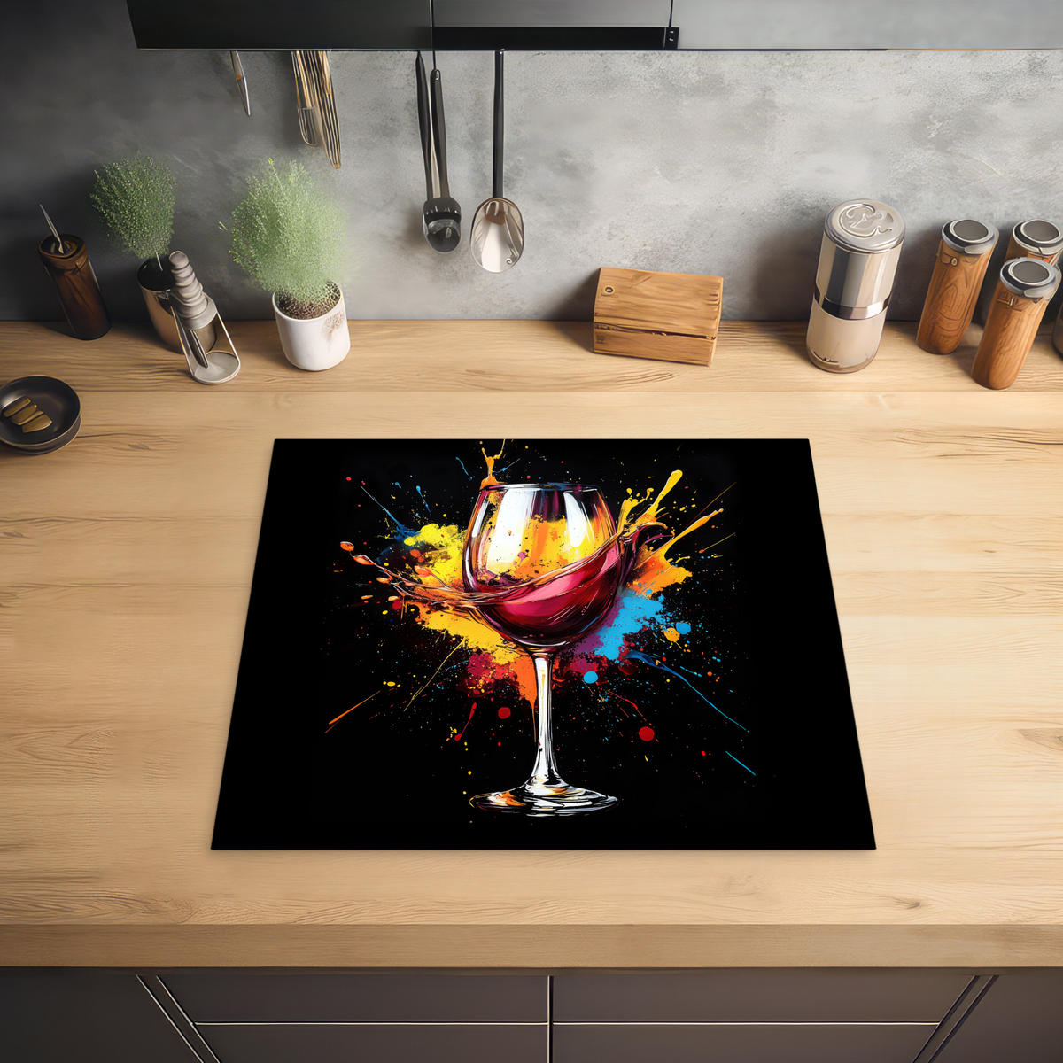HERABDECKPLATTE - Wein - Glas - Graffiti - Getränk - Rot - Farbe - 60x50 - Weinrot, Kunststoff (60/50/0.2cm) - MuchoWow