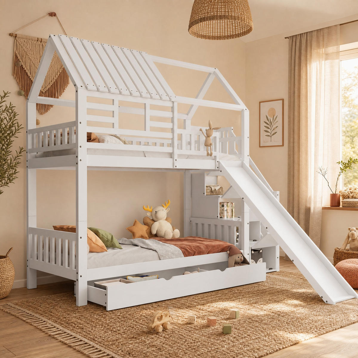 ETAGENBETT 90/200 mit Treppe Stauraum und Rutsche in Weiß - Weiß, Holzwerkstoff (90/200cm) - EVRYAE