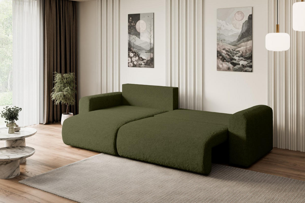 ECKSOFA mit Schlaffunktion und Bettkasten ORRO-L - 272x145x83 cm Grün Bouclé - Schwarz/Grün, Holzwerkstoff/Kunststoff (272/145cm) - ALTDECOR