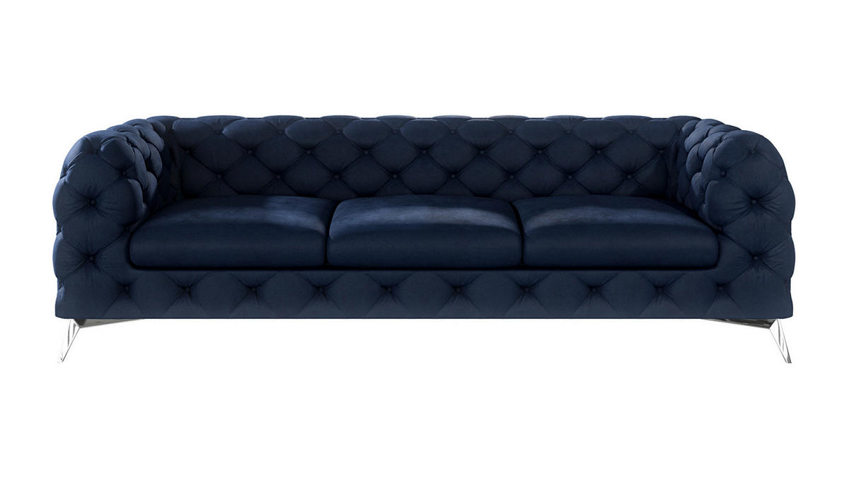 CHESTERFIELD-SOFA 3-Sitzer Laura Marineblau Samt - Silberfarben/Dunkelblau, Holz/Textil (243/75/100cm) - S-Style Möbel