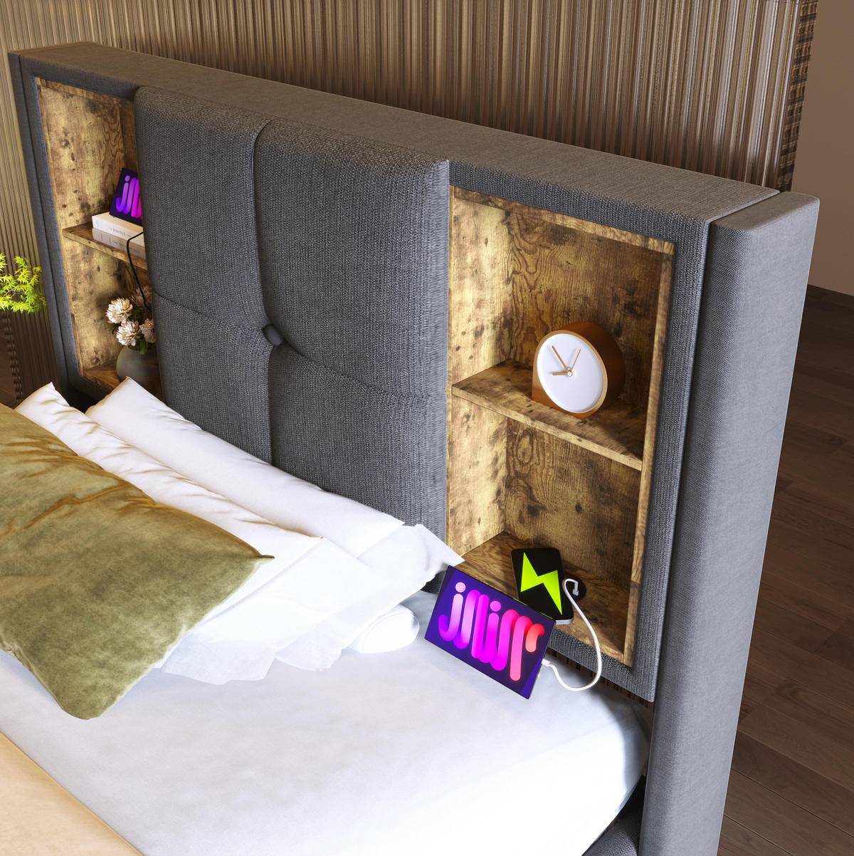 POLSTERBETT mit Stauraum und USB 90x200 cm Baumwolle Grau - Grau, Metall (90/200cm) - Meubliv