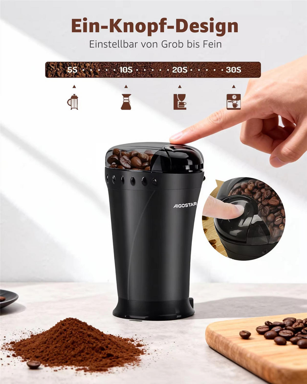 KAFFEEMÜHLE Elektrisch Gewürzmühle 150W Edelstahl Schwarz - Schwarz, Kunststoff (10.8/18.8/11.3cm) - Bextcok