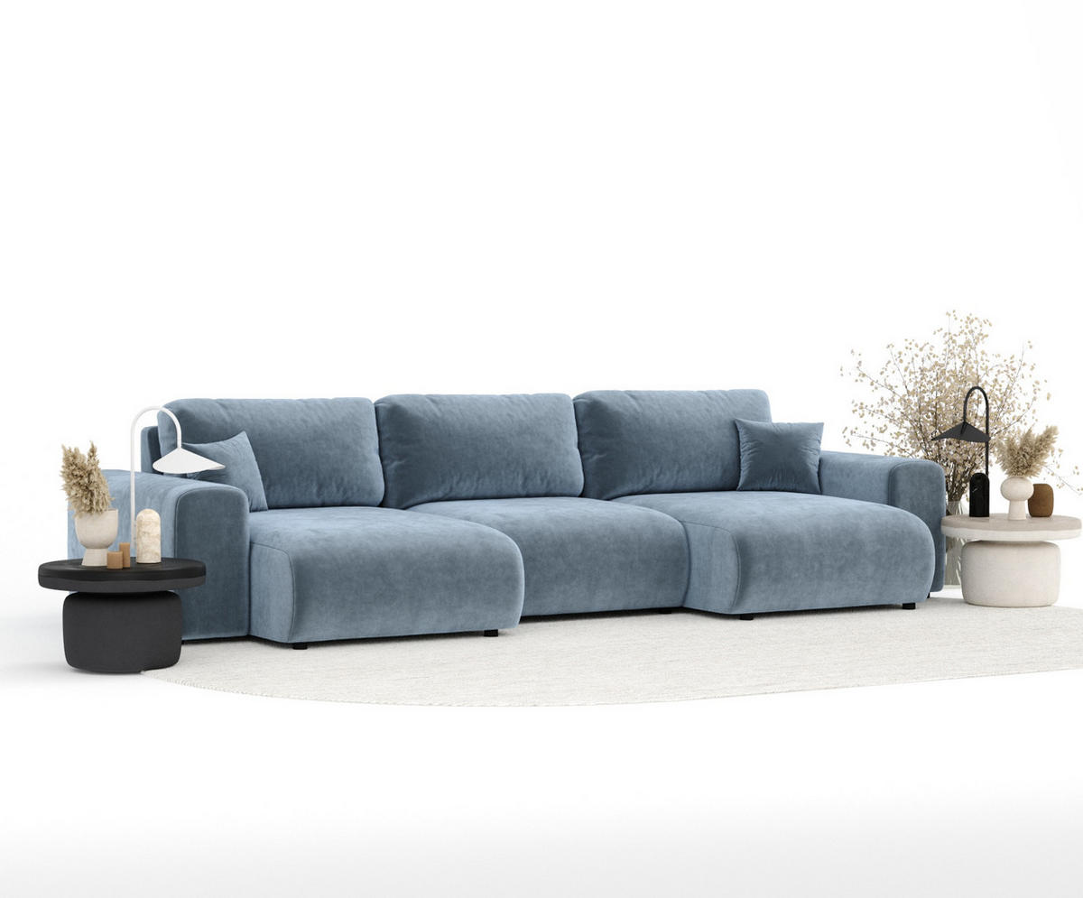 PANORAMASOFA Zanzibar Blau Grau Samtstoff - Blaugrau/Schwarz, Holz/Holzwerkstoff (325/79/144cm) - Maison de Reve